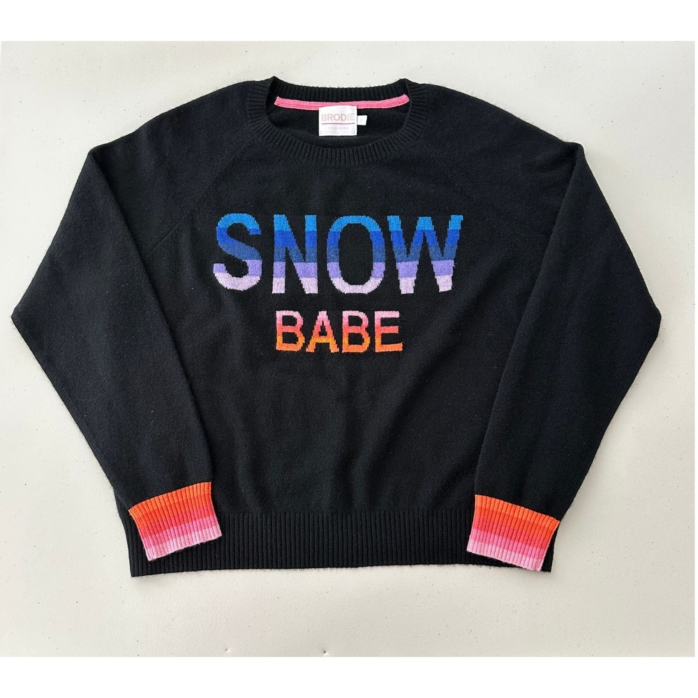 Brodie Cashmere Snow Babe Black Rainbow Pullover Sweater Women Medium Apres Ski